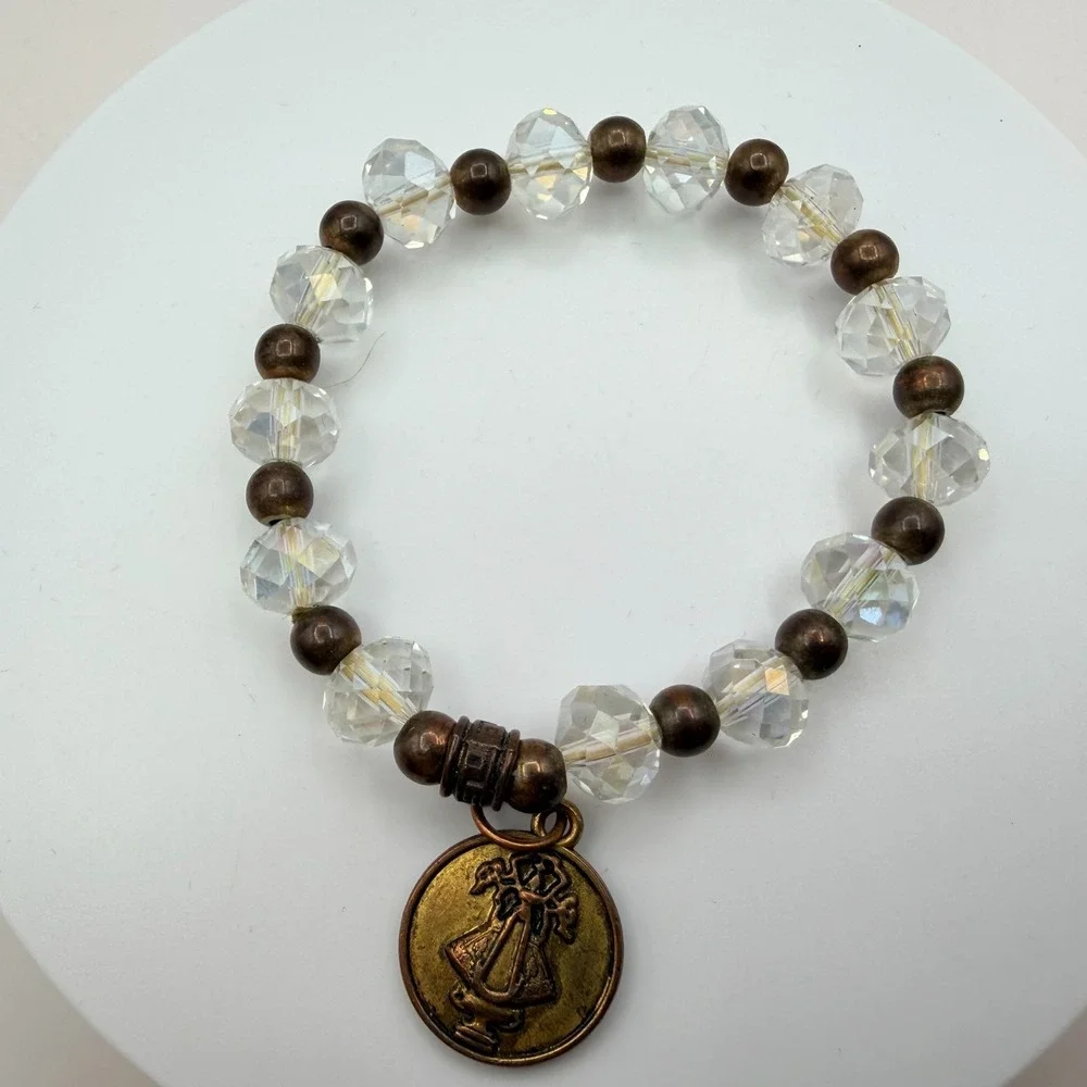 Vintage 80s Clear Beaded Stretch Bracelet Bronze Saint Medal Charm Retro Jewelry